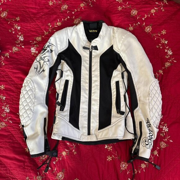 White and black racing biker jacket with lace up sides - Picture 1 of 6